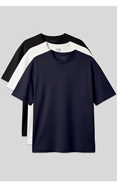 Basic Oversize O Yaka 3lü Paket Siyah-Lacivert-Ekru Erkek T-Shirt - 88377