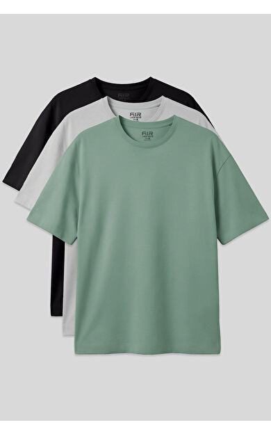Basic Oversize O Yaka 3lü Paket Siyah-Taş-Açık Yeşil Erkek T-Shirt - 88377
