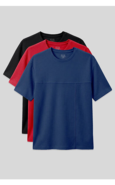 Oversize Fit Basic 3lü Paket Siyah-Kırmızı-Parlament Erkek T-Shirt - 88380