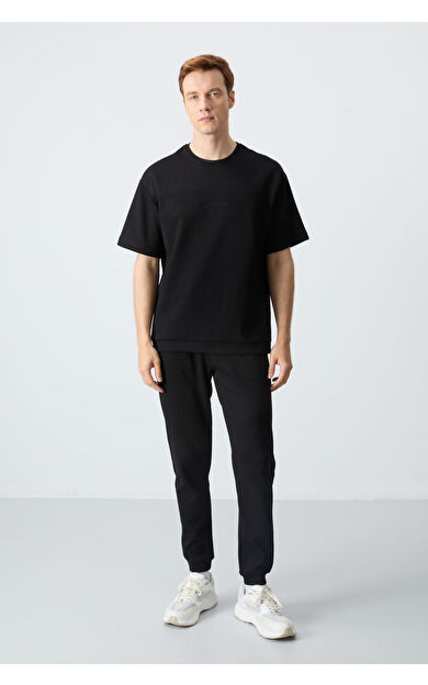 Siyah Pamuklu Kalın Yumuşak Dokulu Oversize Fit Basic Erkek Eşofman Takım - 85261