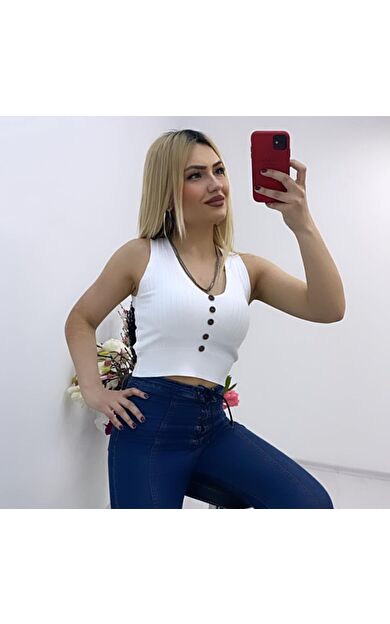 As Collection Beyaz Likralı Fit Düğme Detaylı Triko Kadın Crop Bluz