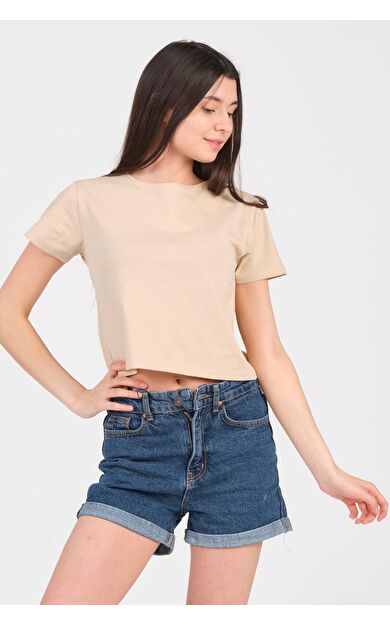 As Collection Bej Bisiklet Yaka Kısa Kol Örme Kadın Crop