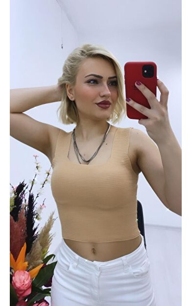 As Collection Bej Kalın Askılı Kare Yaka Kadın Bluz