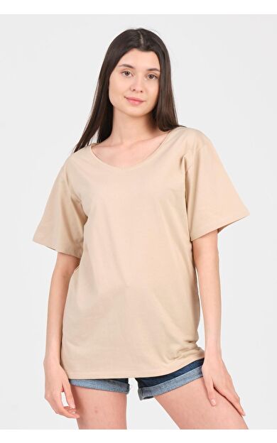 As Collection Bej V Yaka Kısa Kol Boyfriend Kadın T-Shirt