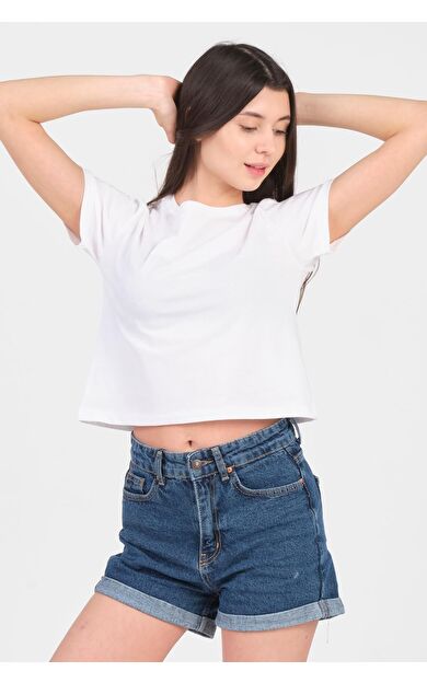 As Collection Beyaz Bisiklet Yaka Kısa Kol Örme Kadın Crop