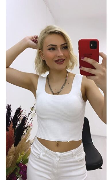 As Collection Beyaz Kalın Askılı Kare Yaka Kadın Bluz