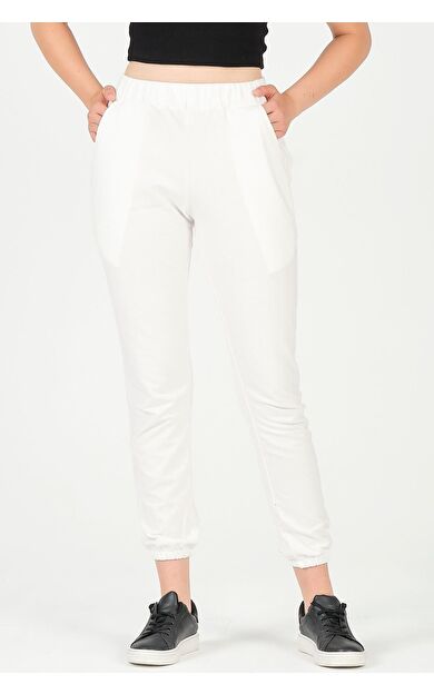 As Collection Beyaz Pamuklu Beli Lastikli Kadın Eşofman Altı