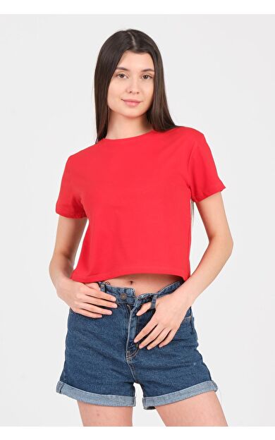 As Collection Kırmızı Bisiklet Yaka Kısa Kol Örme Kadın Crop