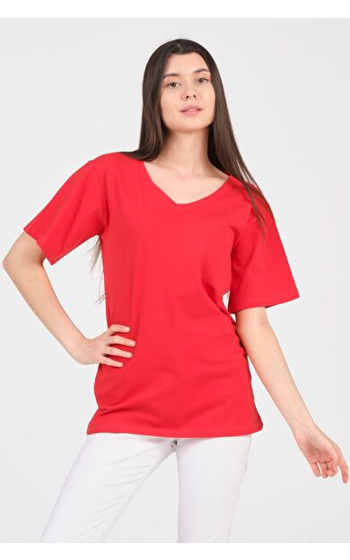 As Collection Kırmızı V Yaka Kısa Kol Boyfriend Kadın T-Shirt