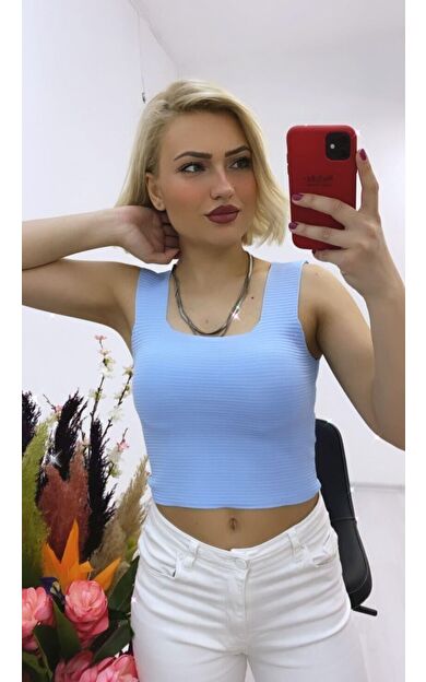 As Collection Mavi Kalın Askılı Kare Yaka Kadın Bluz