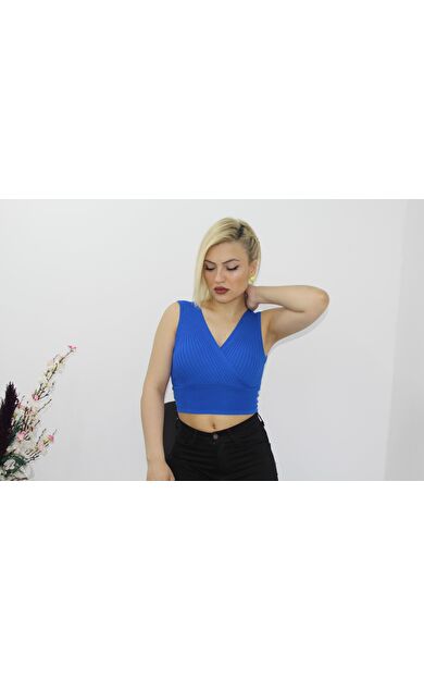 As Collection Mavi Kalın Askılı Kruvaze Triko Kadın Bluz