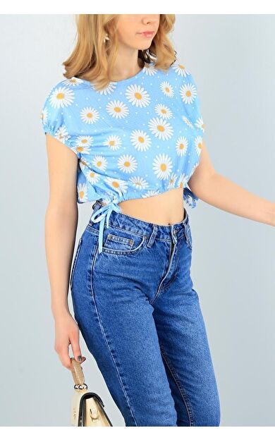 As Collection Mavi Kolları Lastikli Vatkalı Kadın Bluz