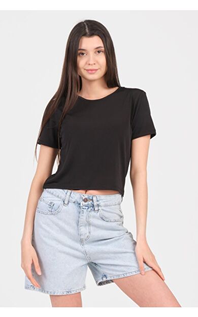 As Collection Siyah Bisiklet Yaka Kısa Kol Sandy Kadın Crop