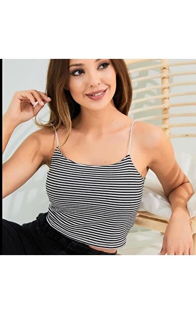 As Collection Siyah İp Askılı Çizgili Kadın Crop Atlet