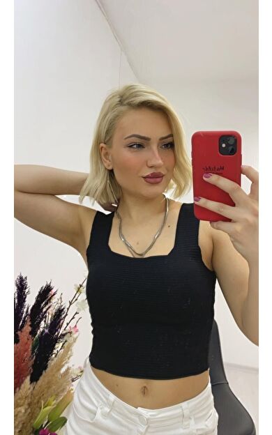 As Collection Siyah Kalın Askılı Kare Yaka Kadın Bluz