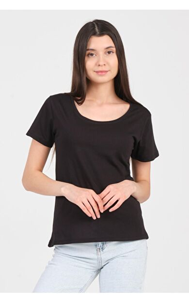 As Collection Siyah Kayık Yaka Kısa Kol Örme Kadın T-Shirt