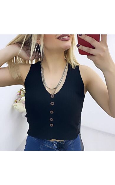 As Collection Siyah Likralı Fit Düğme Detaylı Triko Kadın Crop Bluz
