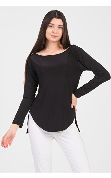 As Collection Siyah Uzun Kol Yırtmaçlı Sandy Kadın T-Shirt