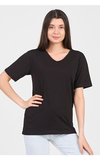 As Collection Siyah V Yaka Kısa Kol Örme Kadın T-Shirt