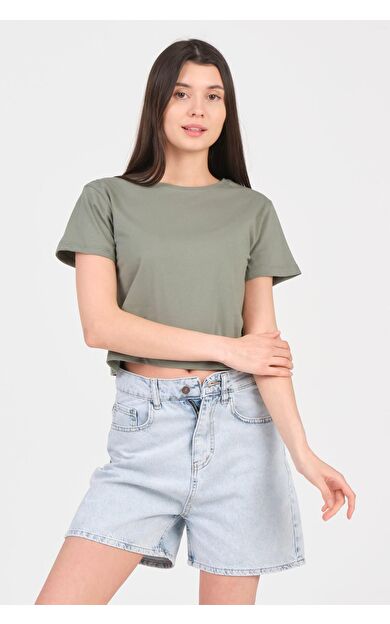 As Collection Yeşil Bisiklet Yaka Kısa Kol Örme Kadın Crop