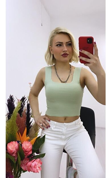 As Collection Yeşil Kalın Askılı Kare Yaka Kadın Bluz