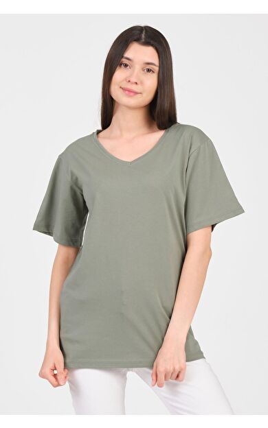 As Collection Yeşil V Yaka Kısa Kol Boyfriend Kadın T-Shirt