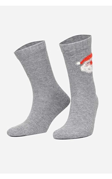 Aytuğ Kadın Kuzu Yünü (Lambswool) Tekli Yılbaşı Temalı Çorap Gri