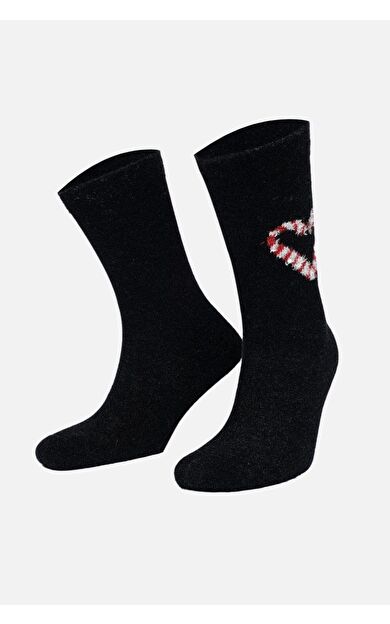 Aytuğ Kadın Peluş Termal Tekli Kalp Desenli Yılbaşı Temalı Çorap Kalp Desenli