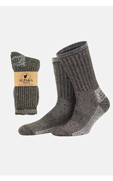 Aytuğ Unisex Alpaka Yünü Havlu Kışlık Soket Çorap Kahverengi-Ekru