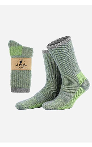 Aytuğ Unisex Alpaka Yünü Havlu Kışlık Soket Çorap Gri-Yeşil