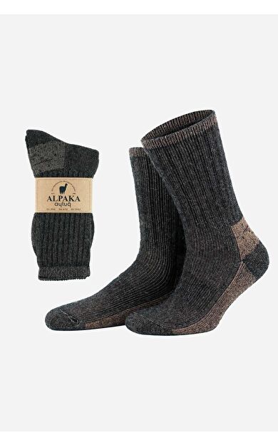 Aytuğ Unisex Alpaka Yünü Havlu Kışlık Soket Çorap Antrasit-Bej