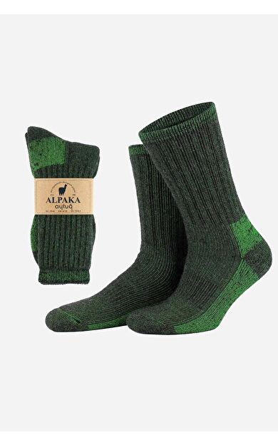 Aytuğ Unisex Alpaka Yünü Havlu Kışlık Soket Çorap Kahverengi-Yeşil