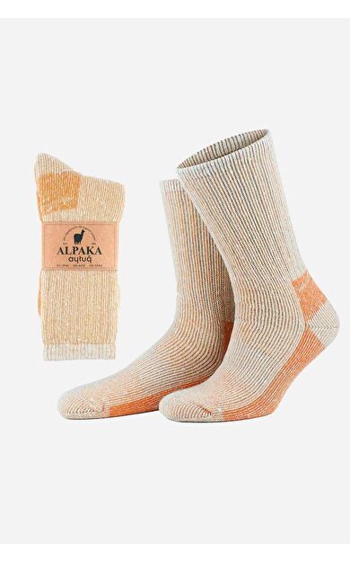 Aytuğ Unisex Alpaka Yünü Havlu Kışlık Soket Çorap Ekru-Turuncu