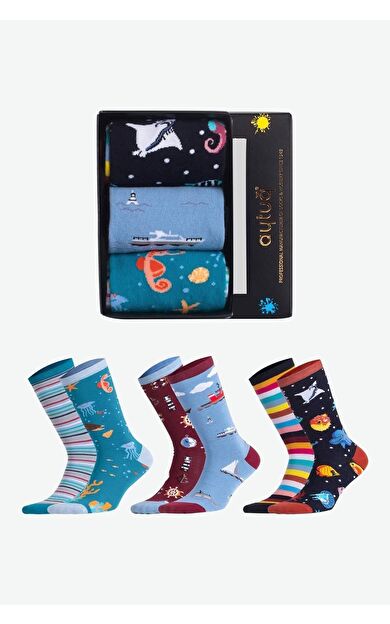 Aytuğ Unisex Pamuklu 3 Çift Denizci Desenli Eğlenceli Soket Çorabı Denizci Desenli