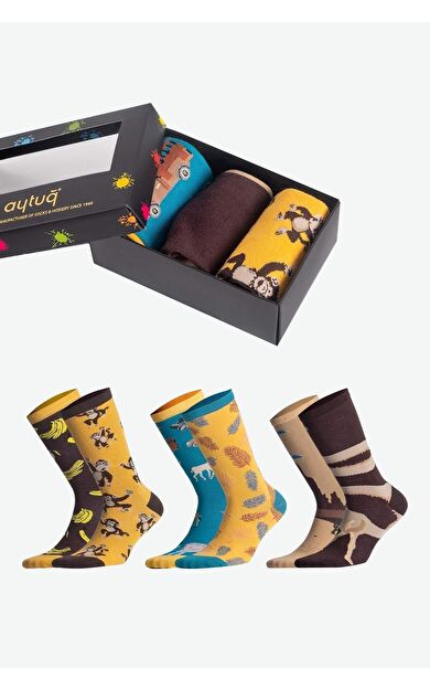 Aytuğ Unisex Pamuklu 3 Çift Hayvan Desenli Eğlenceli Soket Çorabı Hayvan Desenli