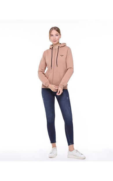 Backpacker Kadın Sweatshirt Kapüşonlu Fermuarlı Bej