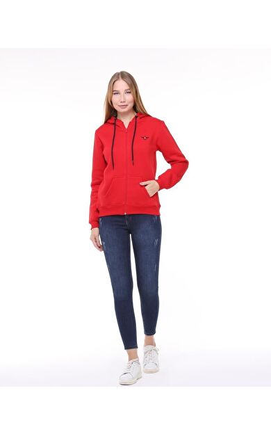 Backpacker Kadın Sweatshirt Kapüşonlu Fermuarlı Kırmızı