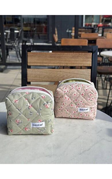2li Pembe Ve Yeşil Çiçek Desenli Makyaj Çantası - Küçük Boy