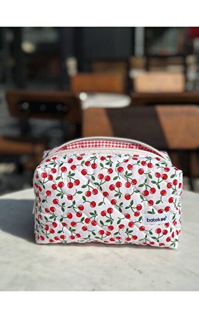 Mini Kiraz Desenli Makyaj Çantası - Büyük Boy