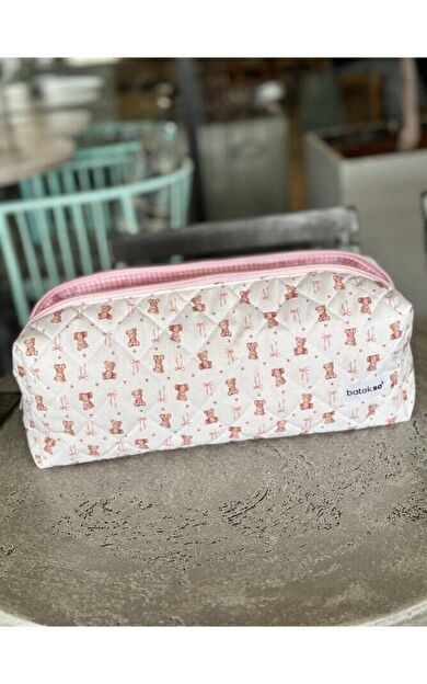 Pembe Ayıcık Desenli Saç Şekillendiricileri İçin Seyahat Çantası - XL Boy