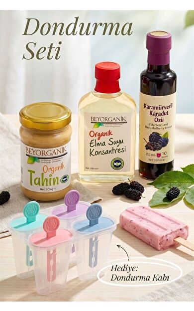 Dondurma Seti 3'lü - Eğlenceli Dondurma Yapma Seti- Organik Tahin 300g + Karamürverli Karadut Özü + Elma Suyu Konsantresi 200 Ml | Dondurma Kalıbı Hediyeli