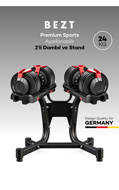 2li Bezt Premium Sports Ayarlanabilir Dambıl Seti 24KG Kırmızı + stand