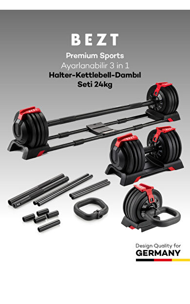 Bezt Premium Sports Ayarlanabilir 3 in 1 Halter Kettlebell Dambıl Seti 24kg KIRMIZI
