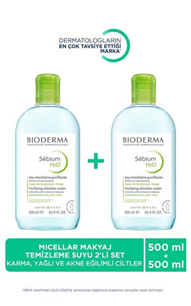 Bioderma Sebium H2O Makyaj Temizleme Suyu 2 x 500 Ml - İKİLİ PAKET ÖZEL FİYAT