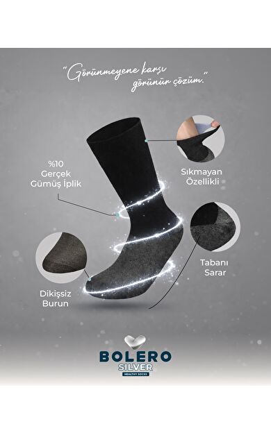 Unisex Premium Gümüş Diabet Bambu Çorap Siyah