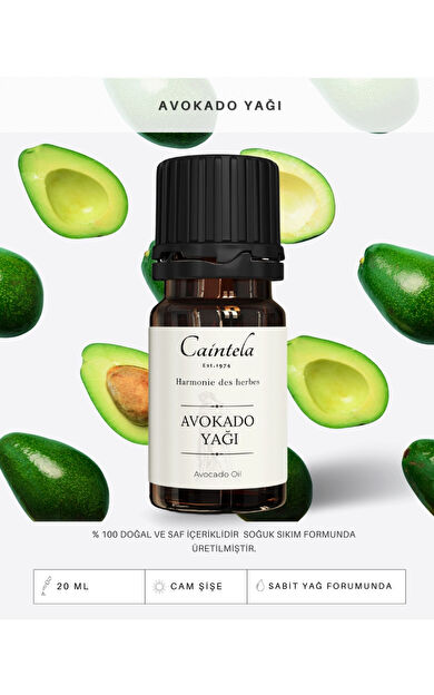 caintela Avokado Yağı 20 ml - Cildin Nemli Kalmasına Yardımcı %100 Doğal ve Saf
