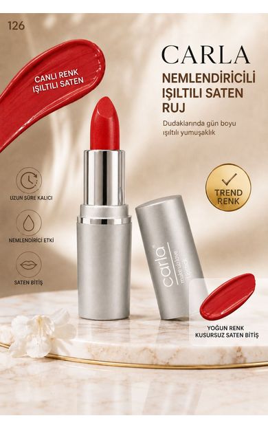 Carla Professional Make Up Nemlendiricili Işıltılı Saten Bitişli Ruj – LumiCare Lipstick No: 126 Şarap Kırmızısı