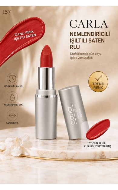 Carla Professional Make Up Nemlendiricili Işıltılı Saten Bitişli Ruj – LumiCare Lipstick No: 157 Gül Kurusu