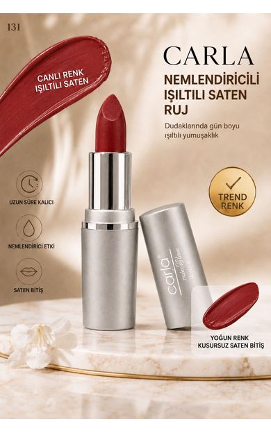 Carla Professional Make Up Nemlendiricili Işıltılı Saten Bitişli Ruj – LumiCare Lipstick No: 131 Kiraz Kırmızısı