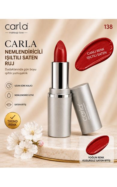 Carla Professional Make Up Nemlendiricili Işıltılı Saten Bitişli Ruj – LumiCare Lipstick No:138 Mercan Kırmızı
